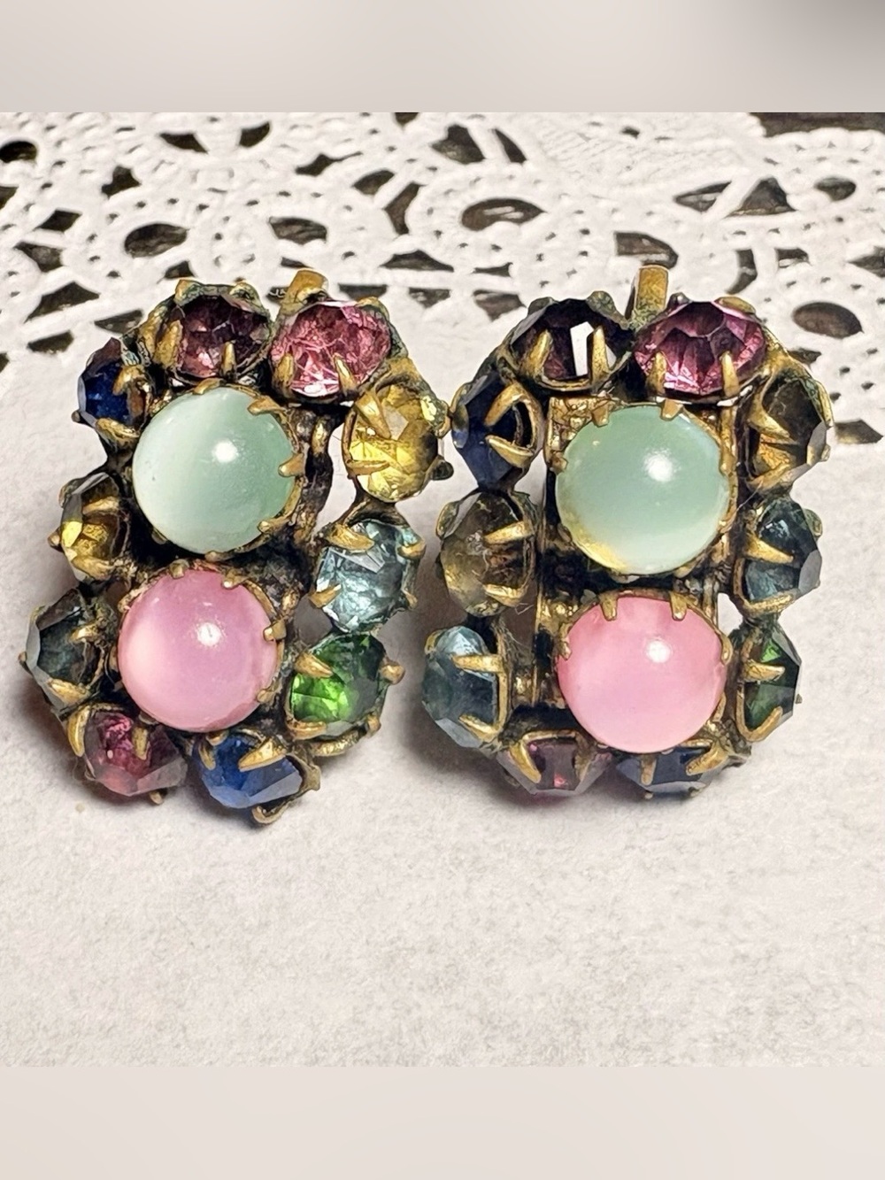1930s Art Deco Czech Cabochon Cluster Rhinestone Fruit Salad Screw Back Earrings